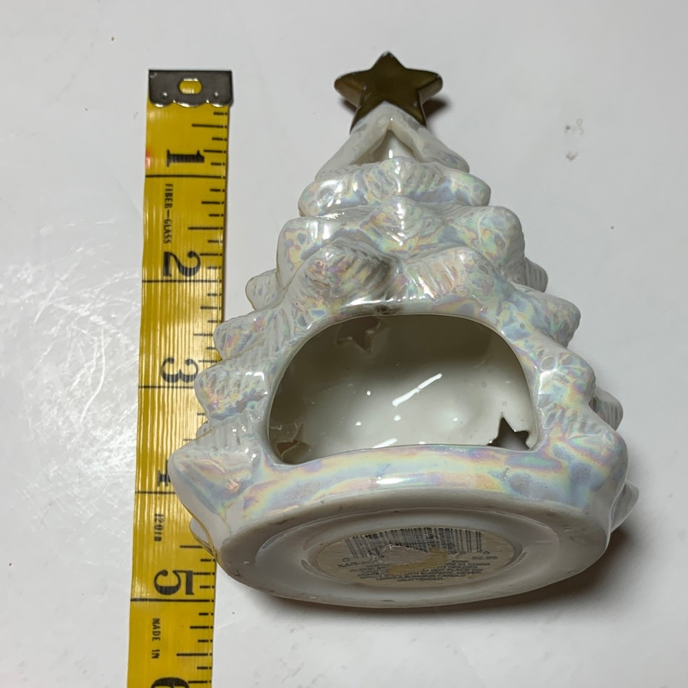 Vintage Iridescent Ceramic Christmas Tree Tealight Holder - Gold Star Accent